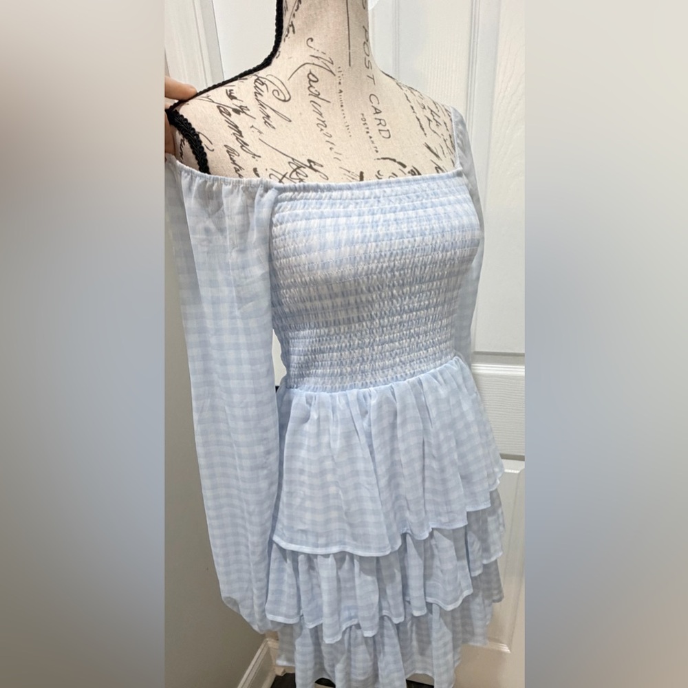 Madden NYC Light Blue Checkered Mini Dress – Wear On or Off Shoulder 💙 - Picture 6 of 8